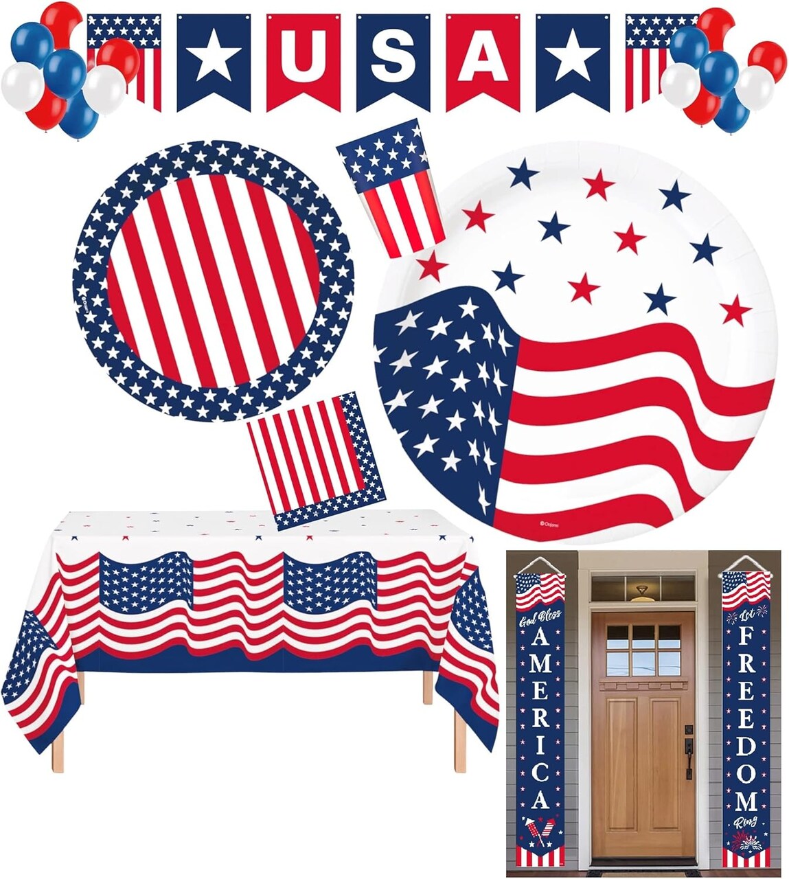 4th of July Party Supplies for 18 Guest – Plates, Cups, Napkins, Table Cover, USA Banner & Balloons